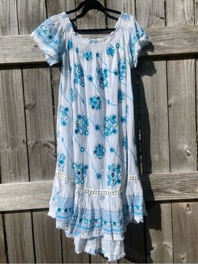 Boho Embroidered Midi Dress in White and Turquoise